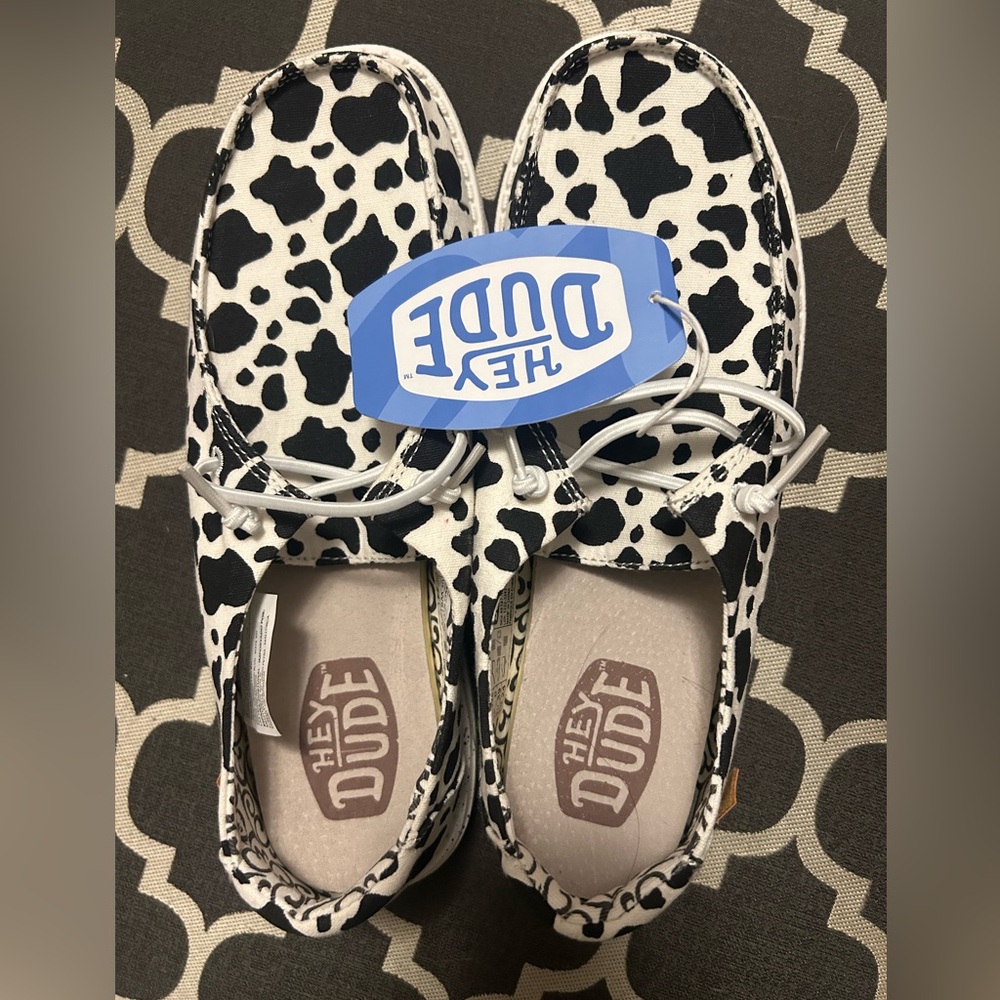 Hey Dudes; cow print; size 8